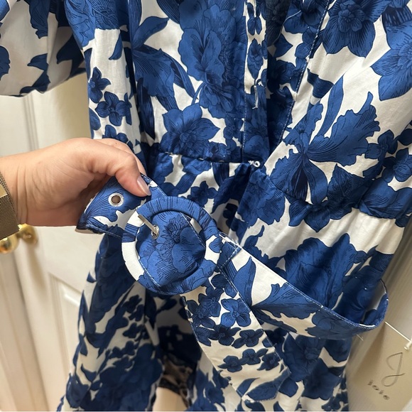 NWT Joie Blue White Floral puff sleeve flare Dress 4 short sleeve - Picture 4 of 9